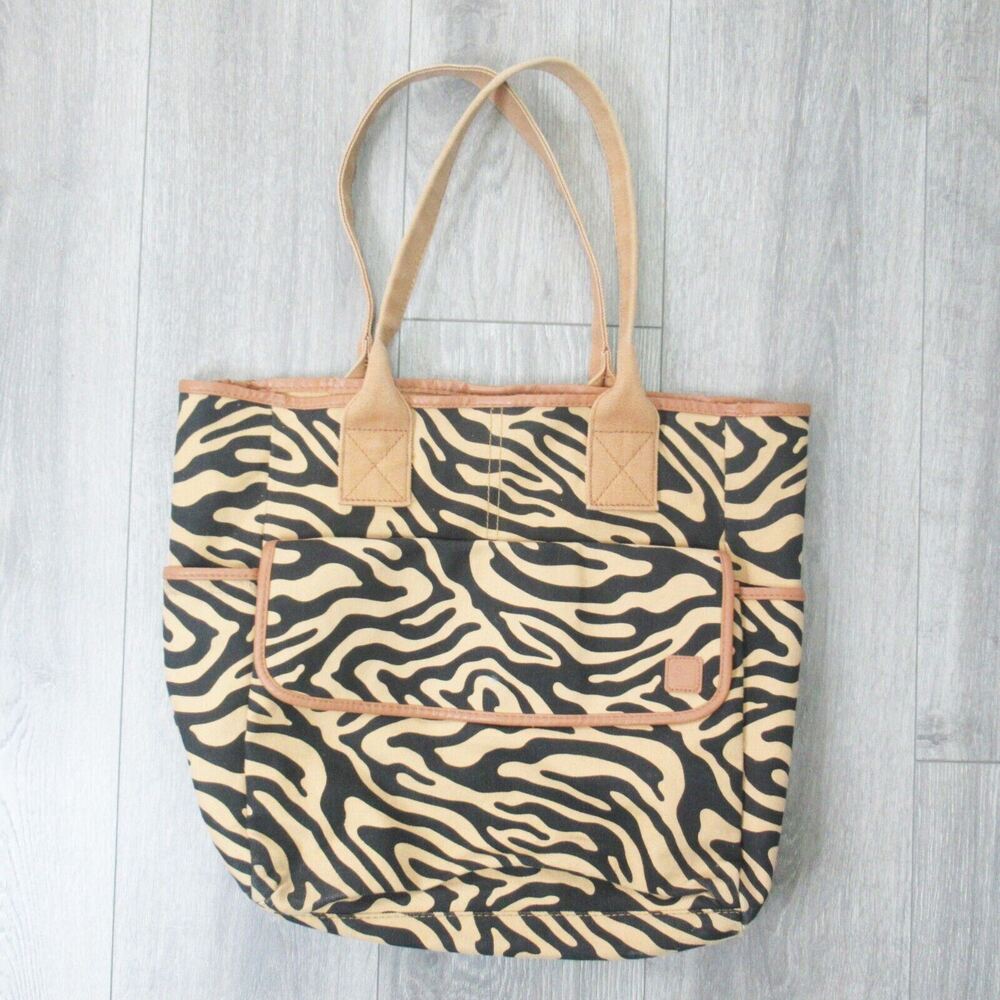 Kreiss Tiger Tote Handbag Women Large Cream Black Canvas Pocket Shoulder Bag